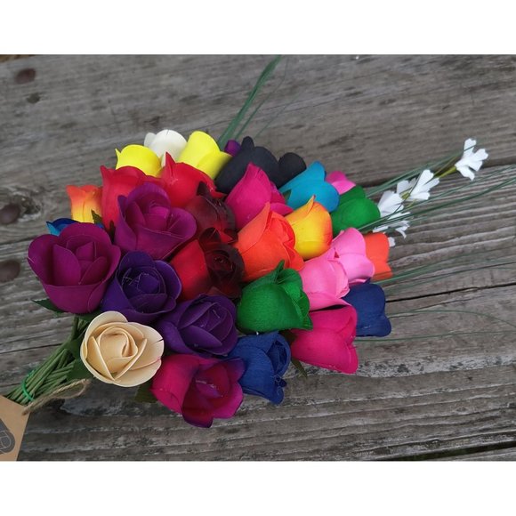 32 Assorted Half Open Bud Wooden Rose Bouquet. The Original Wooden Rose - Picture 7 of 9